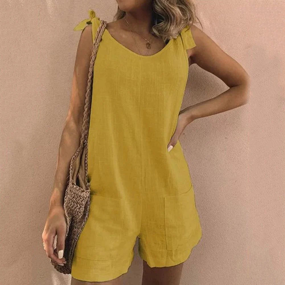 Louisa - Linned Playsuit med Skuldersløjfe